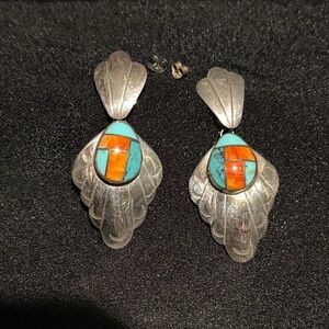 Silver with Turquoise and Spiny Oyster Inlay Earrings